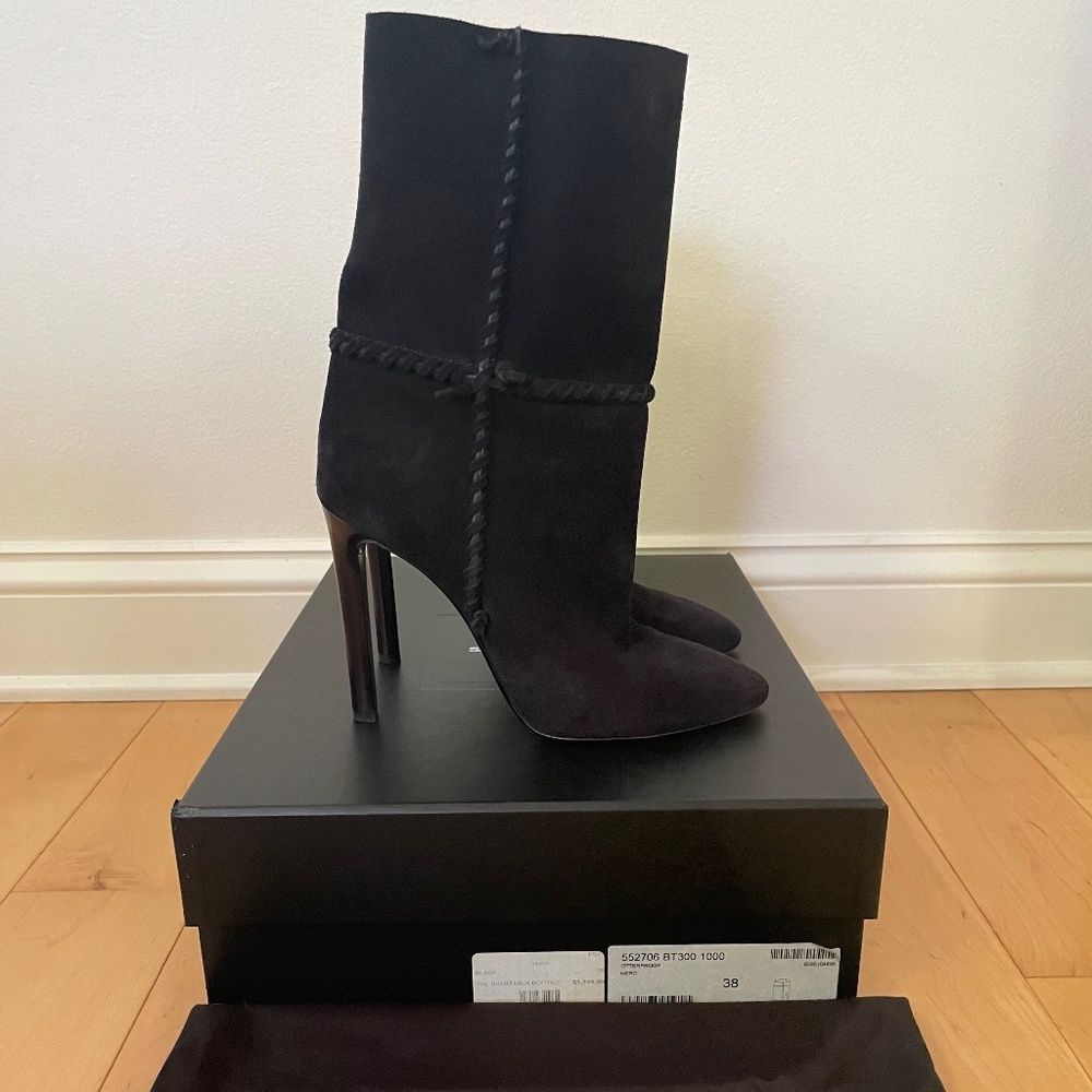 Saint Laurent Mica 105mm Black Suede Whipstitch Ankle Booties 38 IT
